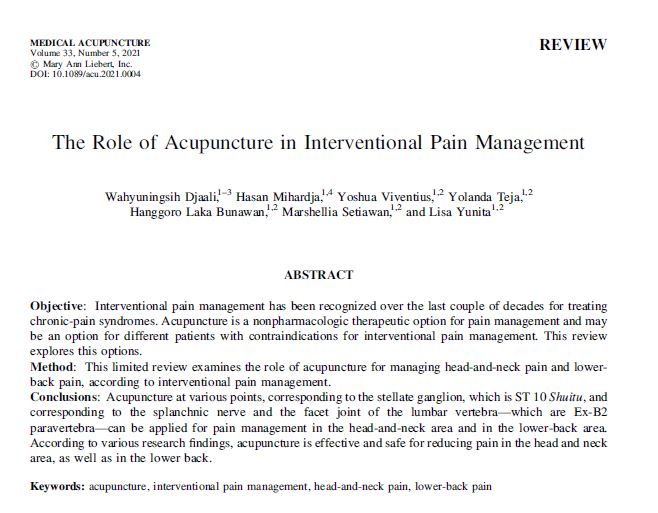 The Role of Acupuncture in Interventional Pain Management - Perhimpunan Dokter Spesialis Akupunktur Medik Indonesia The Role of Acupuncture in Interventional Pain Management - Perhimpunan Dokter Spesialis Akupunktur Medik Indonesia